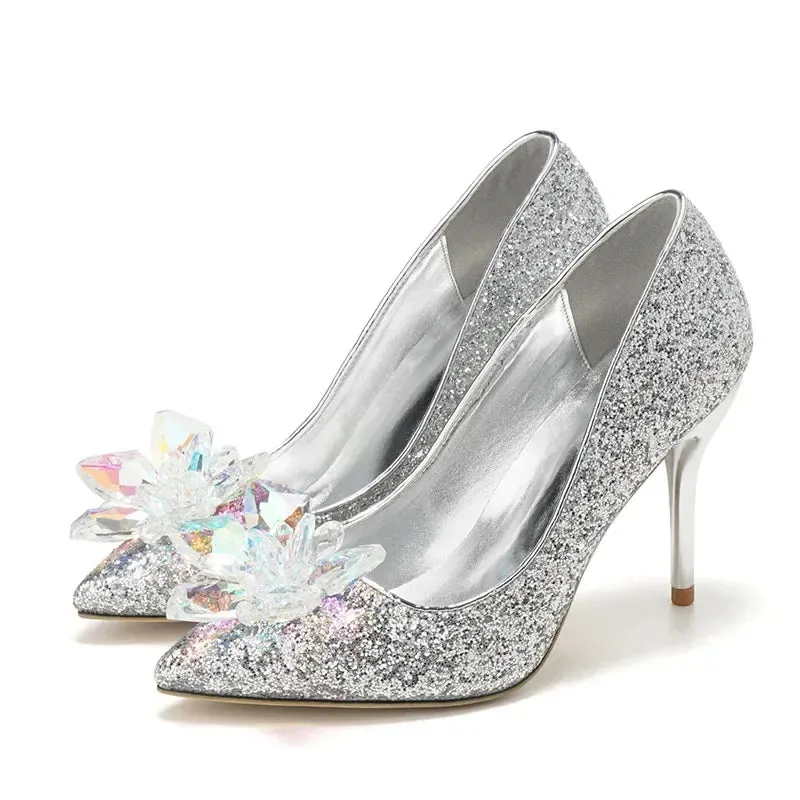 Hnzxzm Plus 33 34~43 Luxury Crystal Wedding Shoes for Women Pointed Toe Cinderella Rhinestone High Heels Sequin White Wedding Shoes