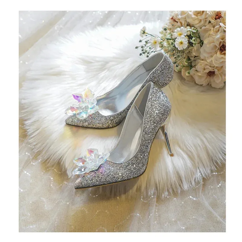 Hnzxzm Plus 33 34~43 Luxury Crystal Wedding Shoes for Women Pointed Toe Cinderella Rhinestone High Heels Sequin White Wedding Shoes