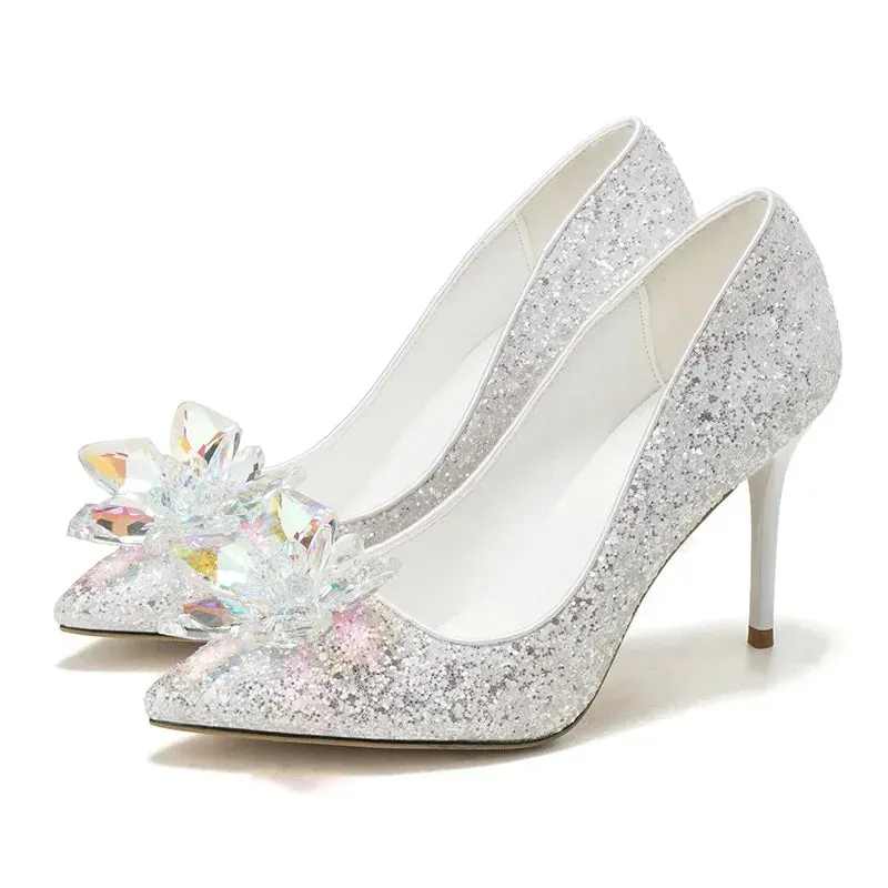 Hnzxzm Plus 33 34~43 Luxury Crystal Wedding Shoes for Women Pointed Toe Cinderella Rhinestone High Heels Sequin White Wedding Shoes