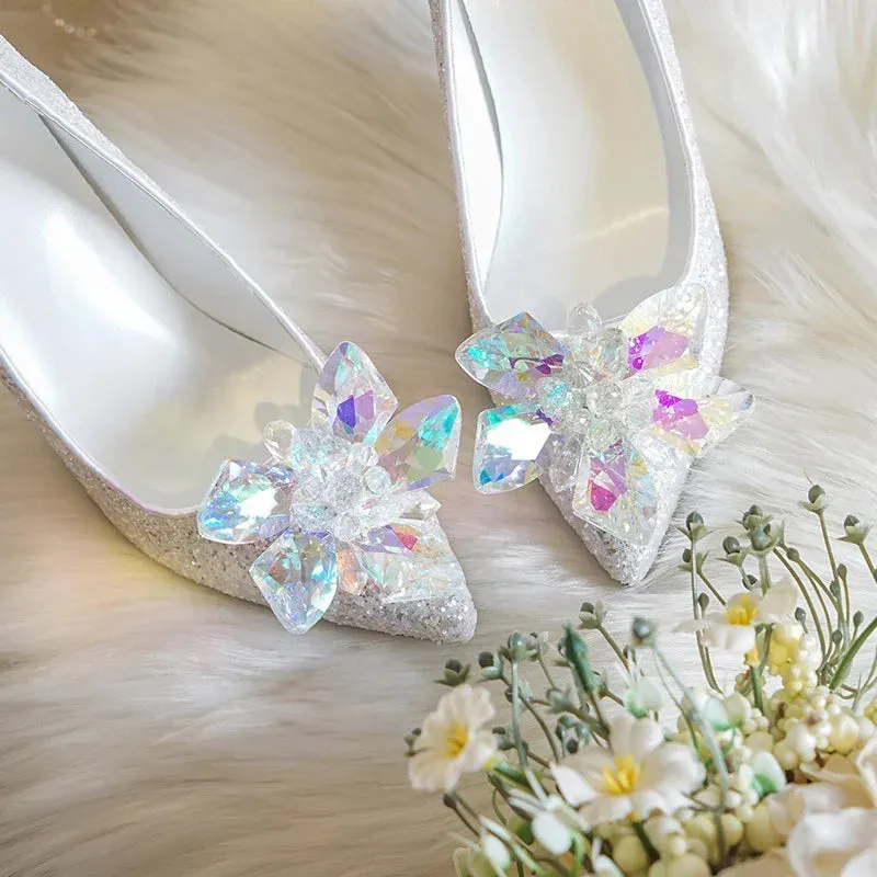 Hnzxzm Plus 33 34~43 Luxury Crystal Wedding Shoes for Women Pointed Toe Cinderella Rhinestone High Heels Sequin White Wedding Shoes