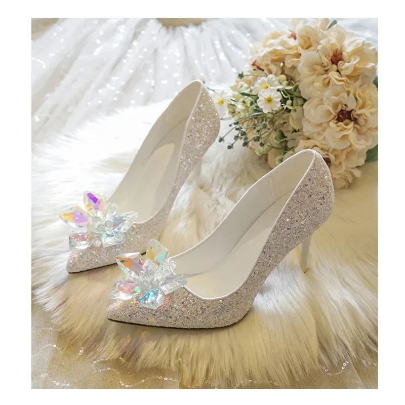 Hnzxzm Plus 33 34~43 Luxury Crystal Wedding Shoes for Women Pointed Toe Cinderella Rhinestone High Heels Sequin White Wedding Shoes