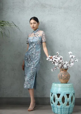 Hydrangea Short Sleeves Sequins Qipao (Teal)