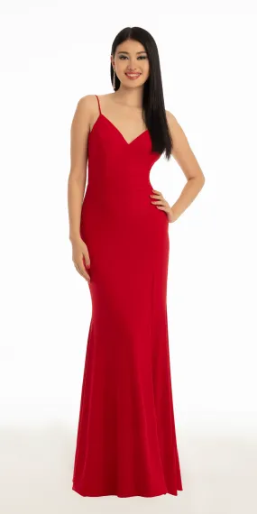 Jersey V Neck Low Back Knot Column Dress with Side Slit