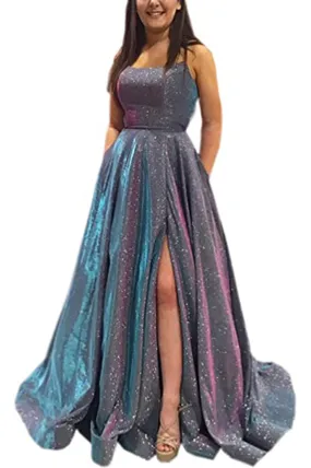 Long A-line Prom Dress with Pockets Formal Evening Ball Gowns Side Slit Glitter Party Dress OKY42