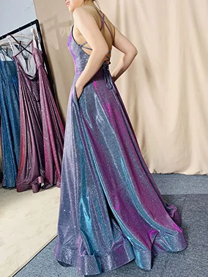 Long A-line Prom Dress with Pockets Formal Evening Ball Gowns Side Slit Glitter Party Dress OKY42