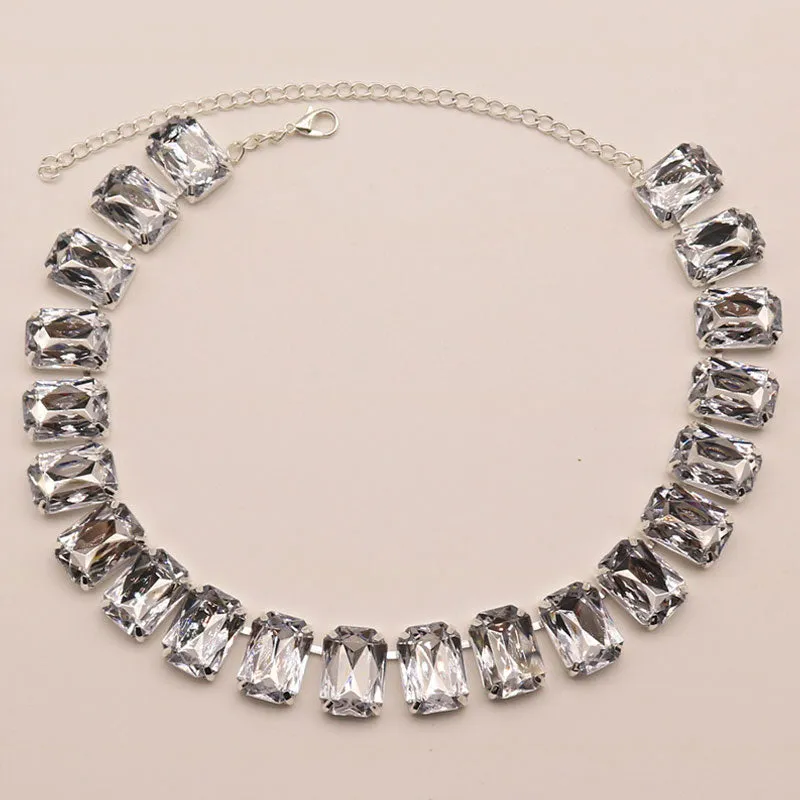 Luxury Emerald Cut Crystal Embellished Silver Plated Tennis NeckLace - White