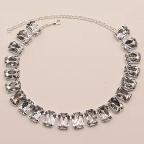 Luxury Emerald Cut Crystal Embellished Silver Plated Tennis NeckLace - White