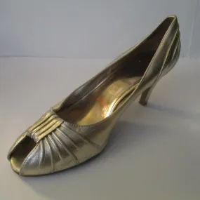 'Marta' Metallic  Gold Ruched Square Cut Peep Toe Pumps