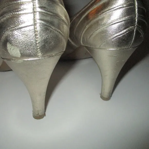 'Marta' Metallic  Gold Ruched Square Cut Peep Toe Pumps
