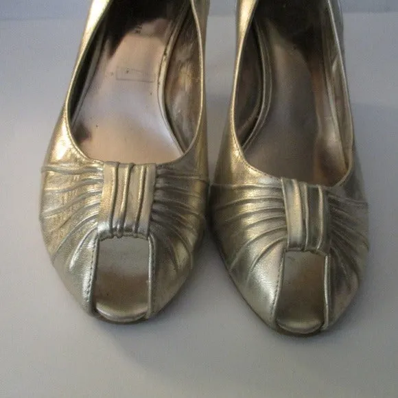 'Marta' Metallic  Gold Ruched Square Cut Peep Toe Pumps