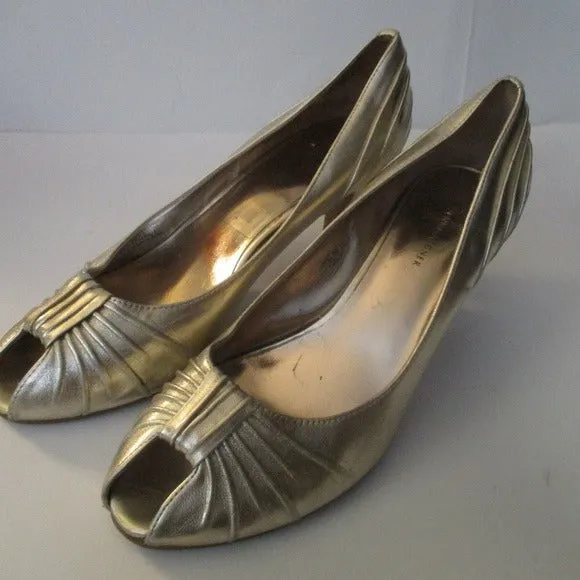 'Marta' Metallic  Gold Ruched Square Cut Peep Toe Pumps