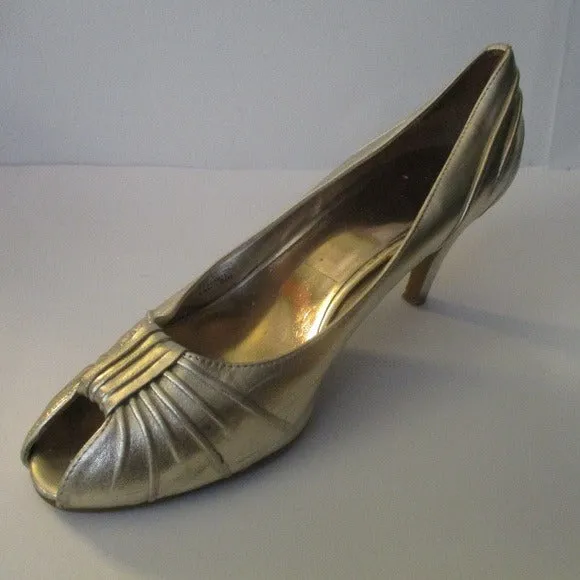 'Marta' Metallic  Gold Ruched Square Cut Peep Toe Pumps
