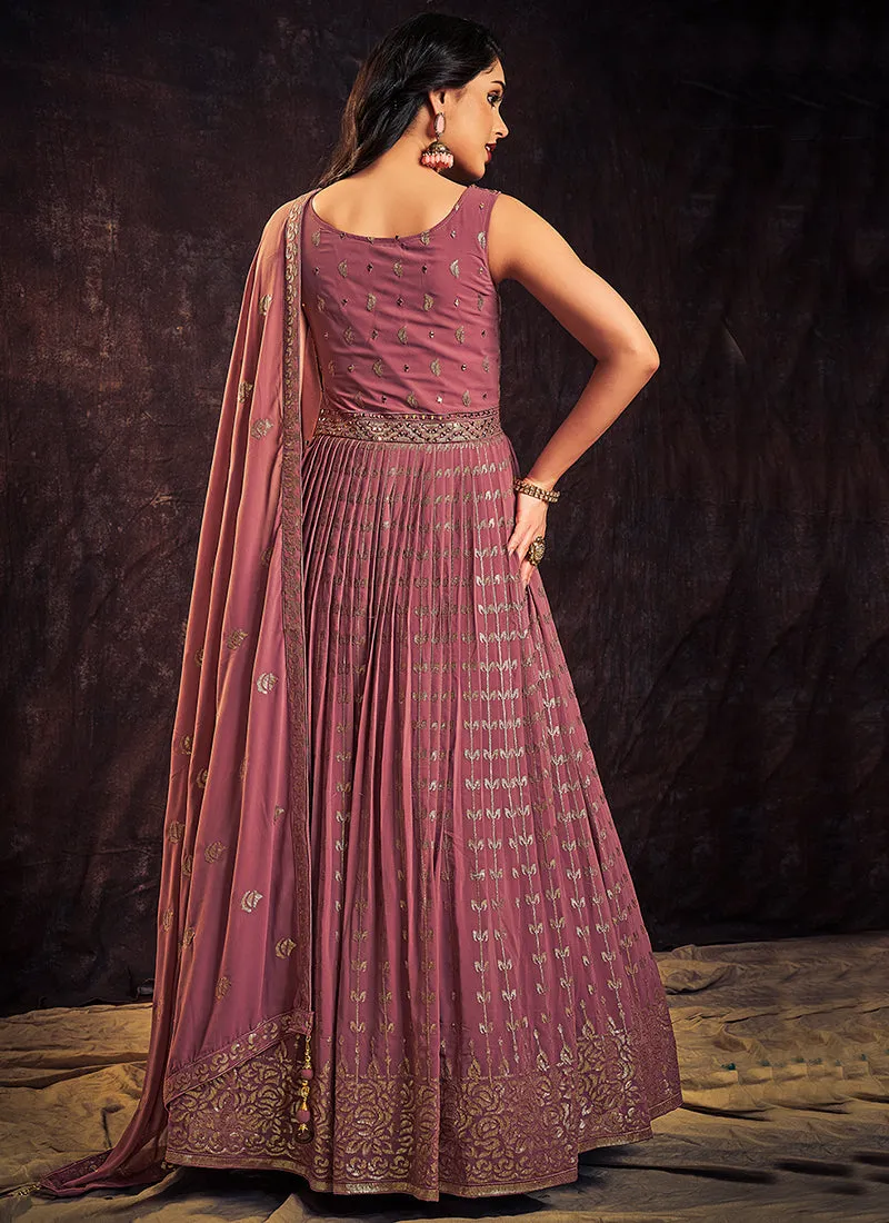 Mauve Purple Sequence And Mirror Work Embroidery Anarkali Gown