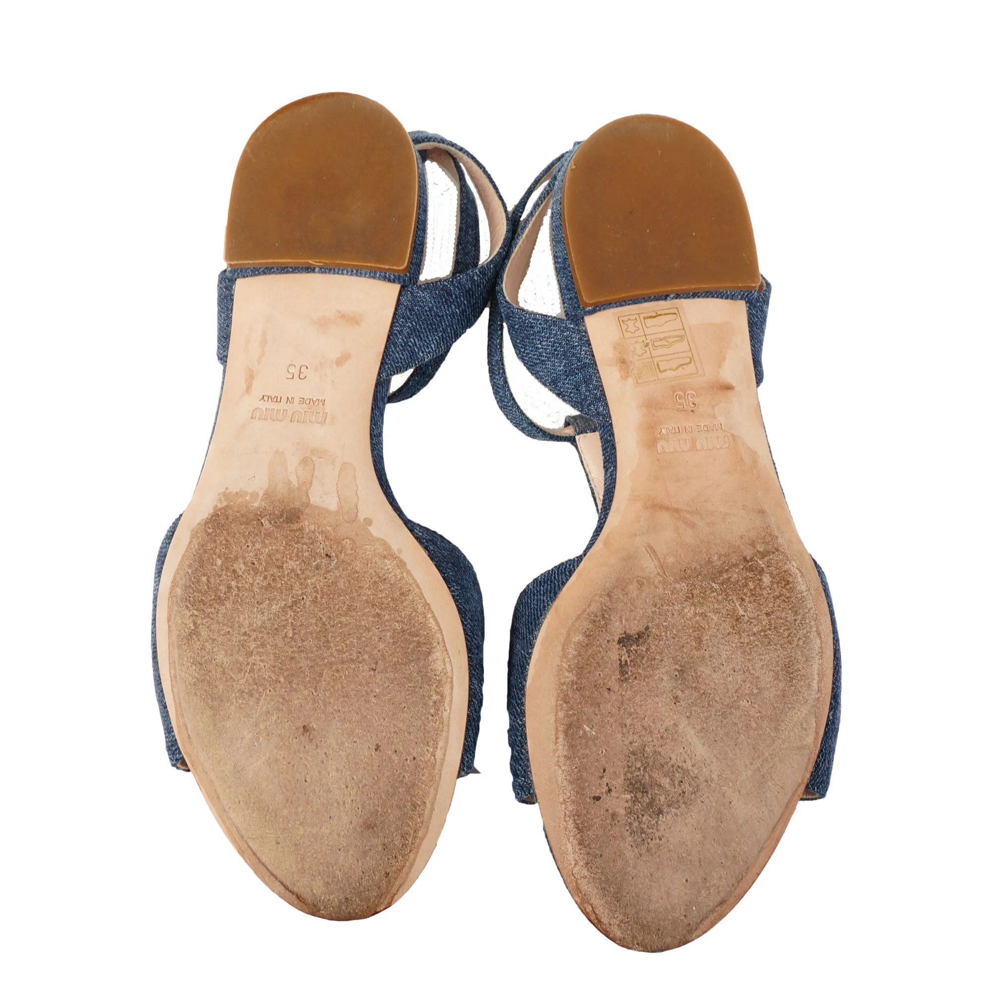 MIU MIU CRYSTAL EMBELLISHED DENIM SANDALS