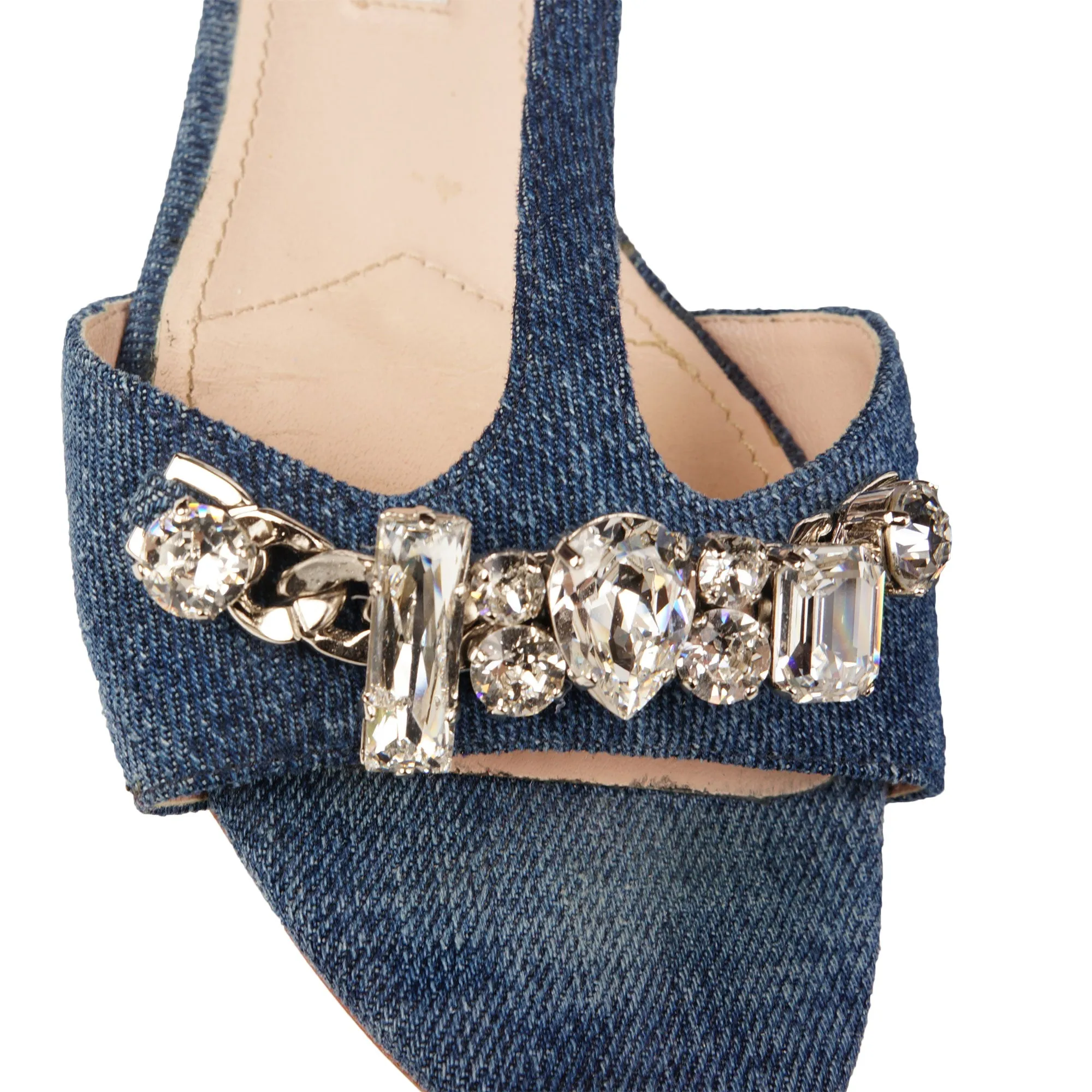 MIU MIU CRYSTAL EMBELLISHED DENIM SANDALS