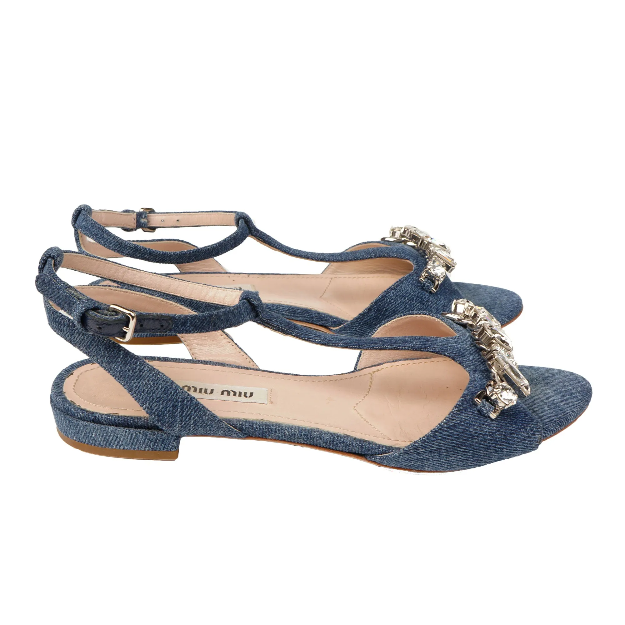 MIU MIU CRYSTAL EMBELLISHED DENIM SANDALS