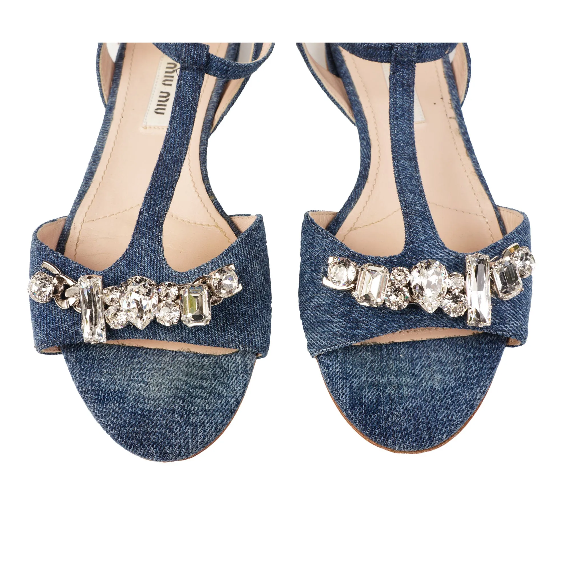 MIU MIU CRYSTAL EMBELLISHED DENIM SANDALS