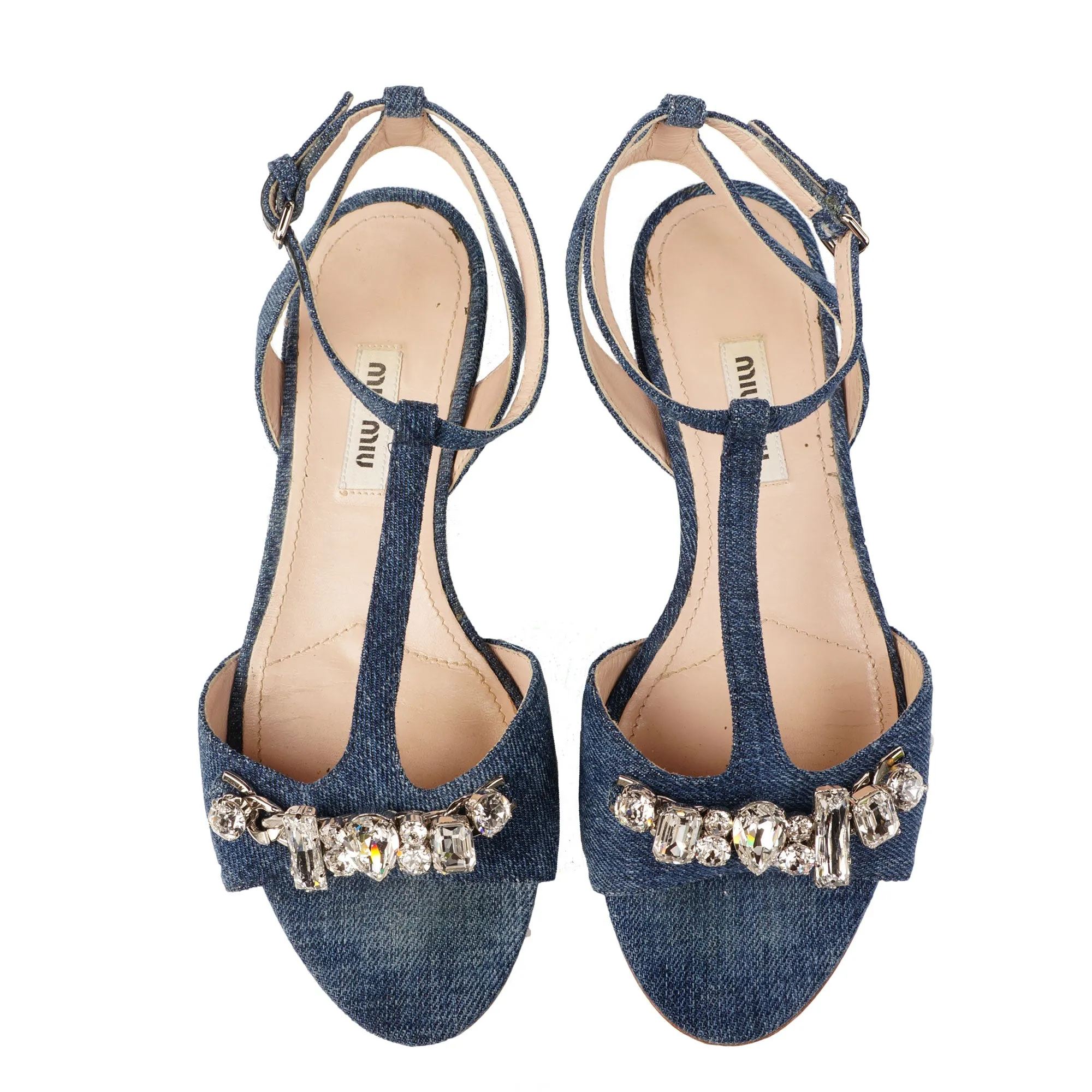 MIU MIU CRYSTAL EMBELLISHED DENIM SANDALS