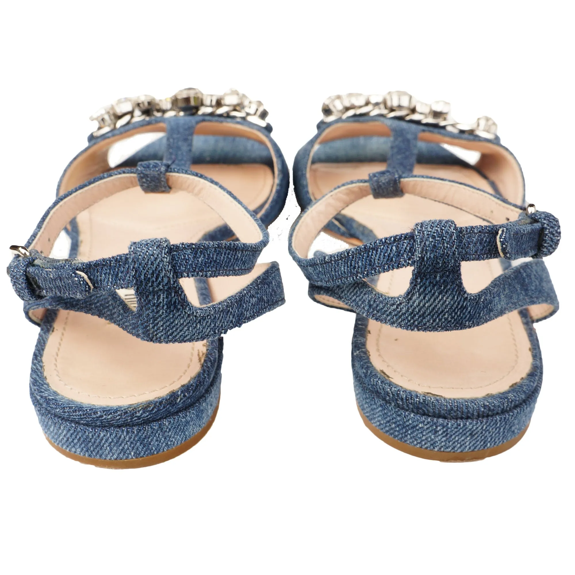 MIU MIU CRYSTAL EMBELLISHED DENIM SANDALS