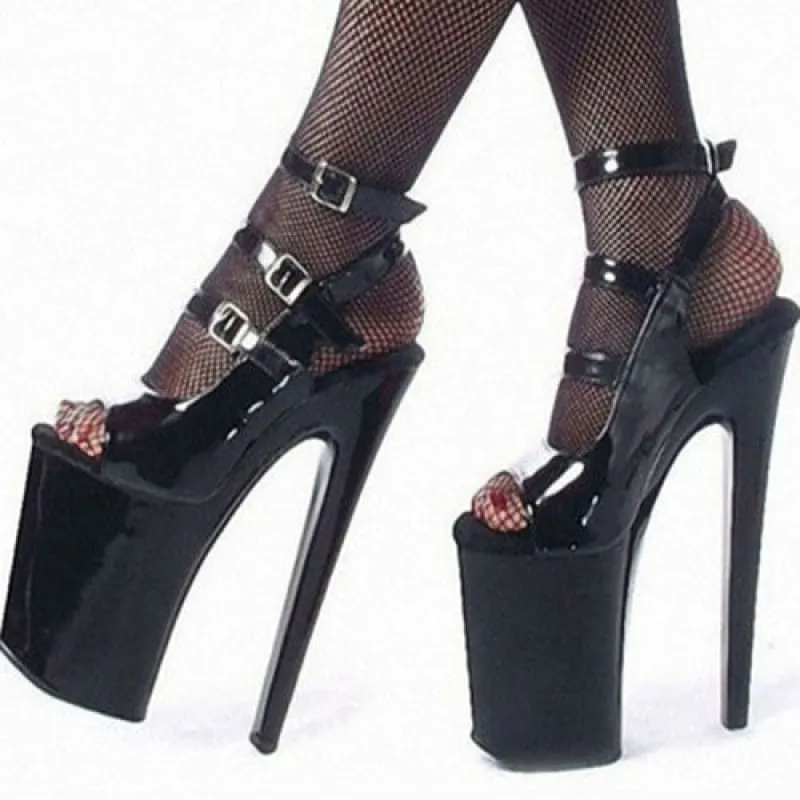 Multi Buckle Black Patent Platform Stiletto Heels with Ankle Straps