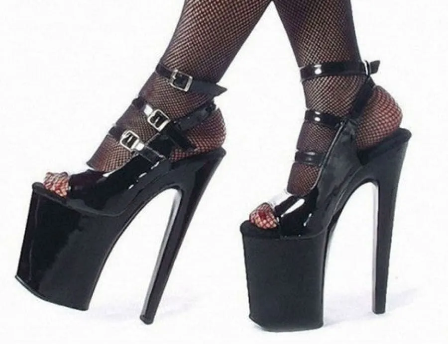 Multi Buckle Black Patent Platform Stiletto Heels with Ankle Straps