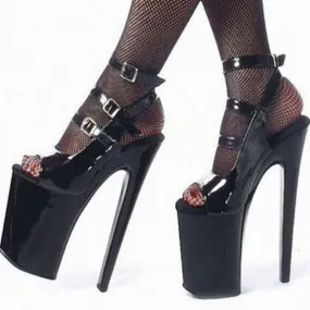 Multi Buckle Black Patent Platform Stiletto Heels with Ankle Straps
