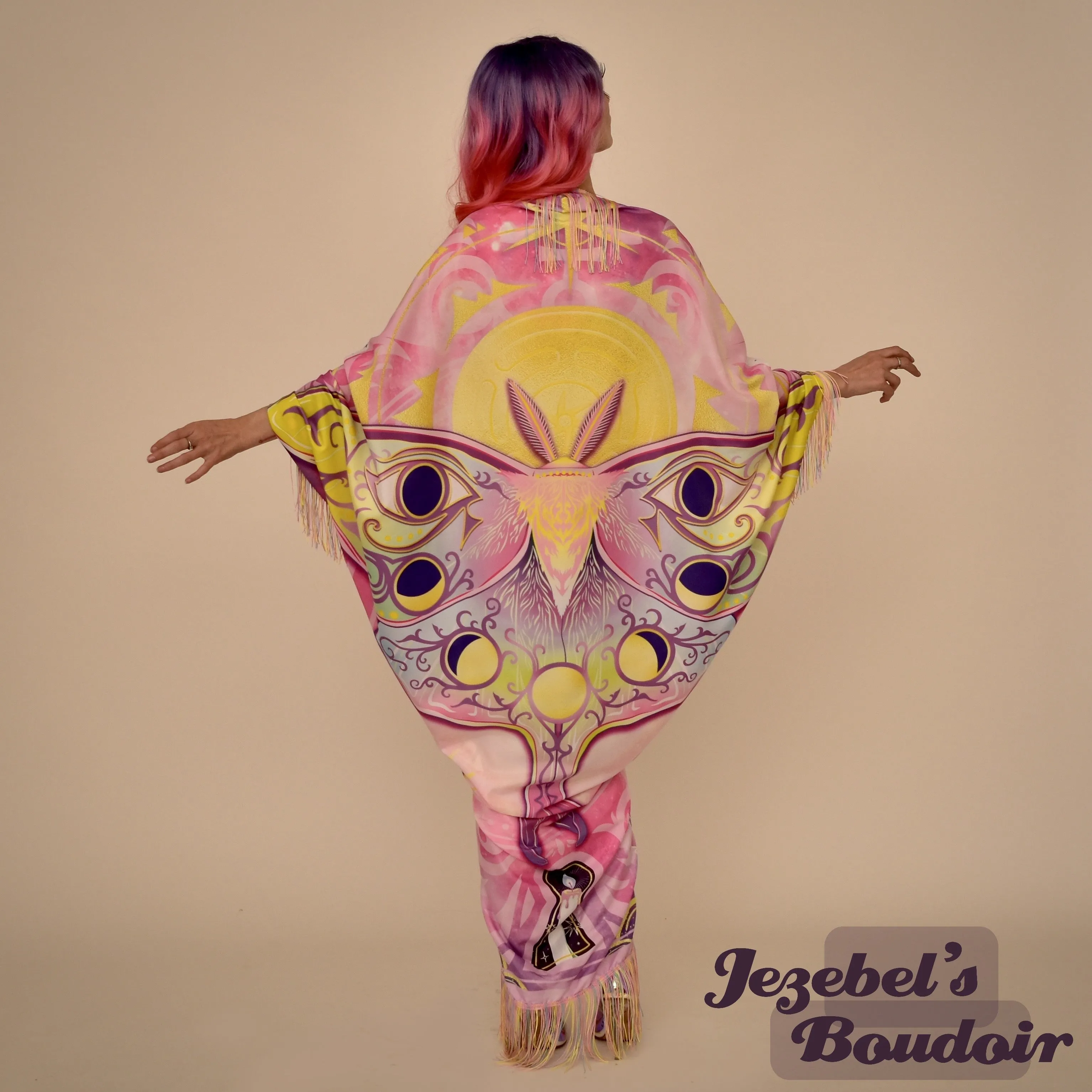 Neon Rainbow Glow Luna Moth Duster, UV Reactive Fringe Moon Phases Wrap, Butterfly Fortune Teller Oracle Robe, Flowing Mystical Empress Kimono, Priestess Dressing Gown, Rave Festival Robe Bohemian Dance Goddess Fantasy Queen Costume