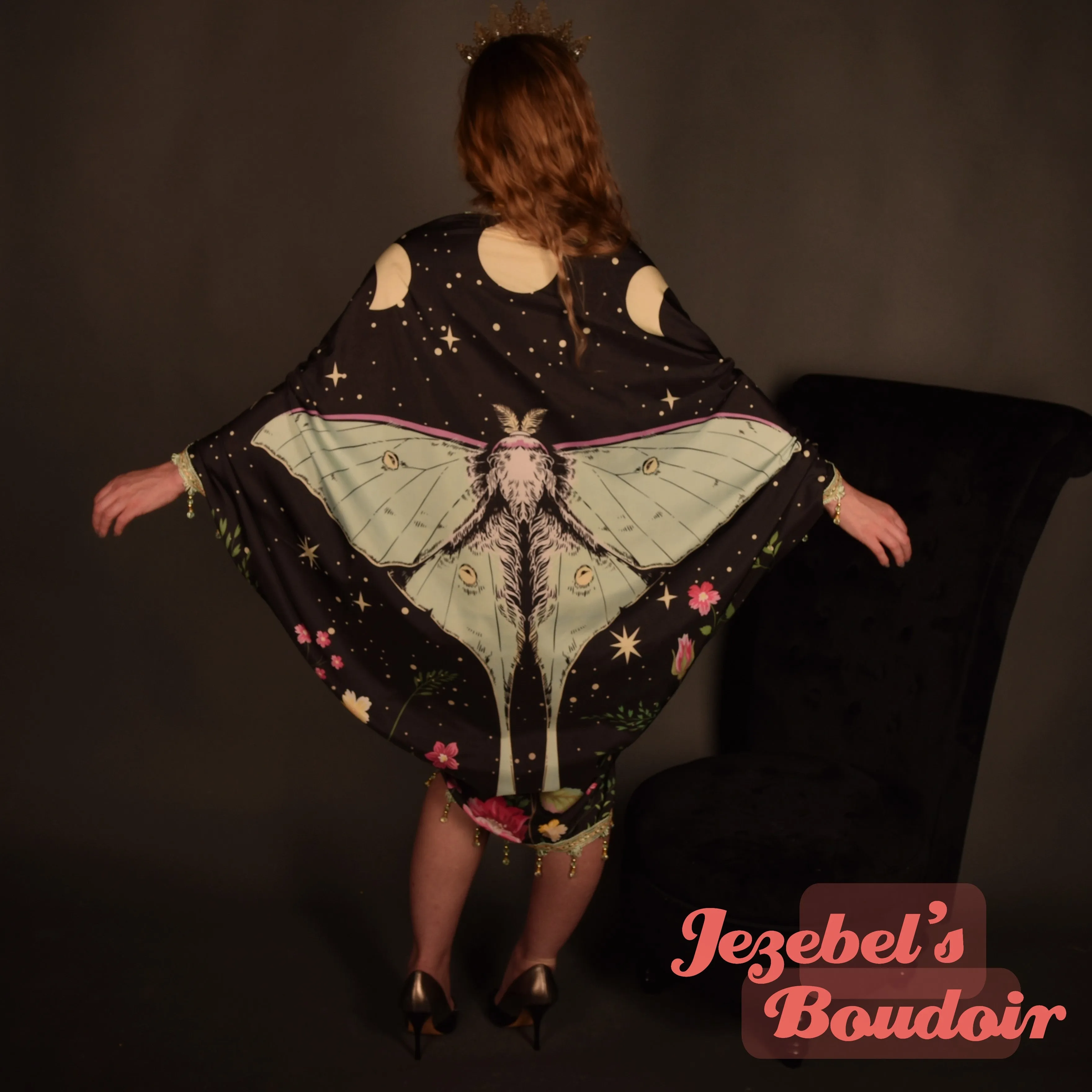 Neon Rainbow Glow Luna Moth Duster, UV Reactive Fringe Moon Phases Wrap, Butterfly Fortune Teller Oracle Robe, Flowing Mystical Empress Kimono, Priestess Dressing Gown, Rave Festival Robe Bohemian Dance Goddess Fantasy Queen Costume