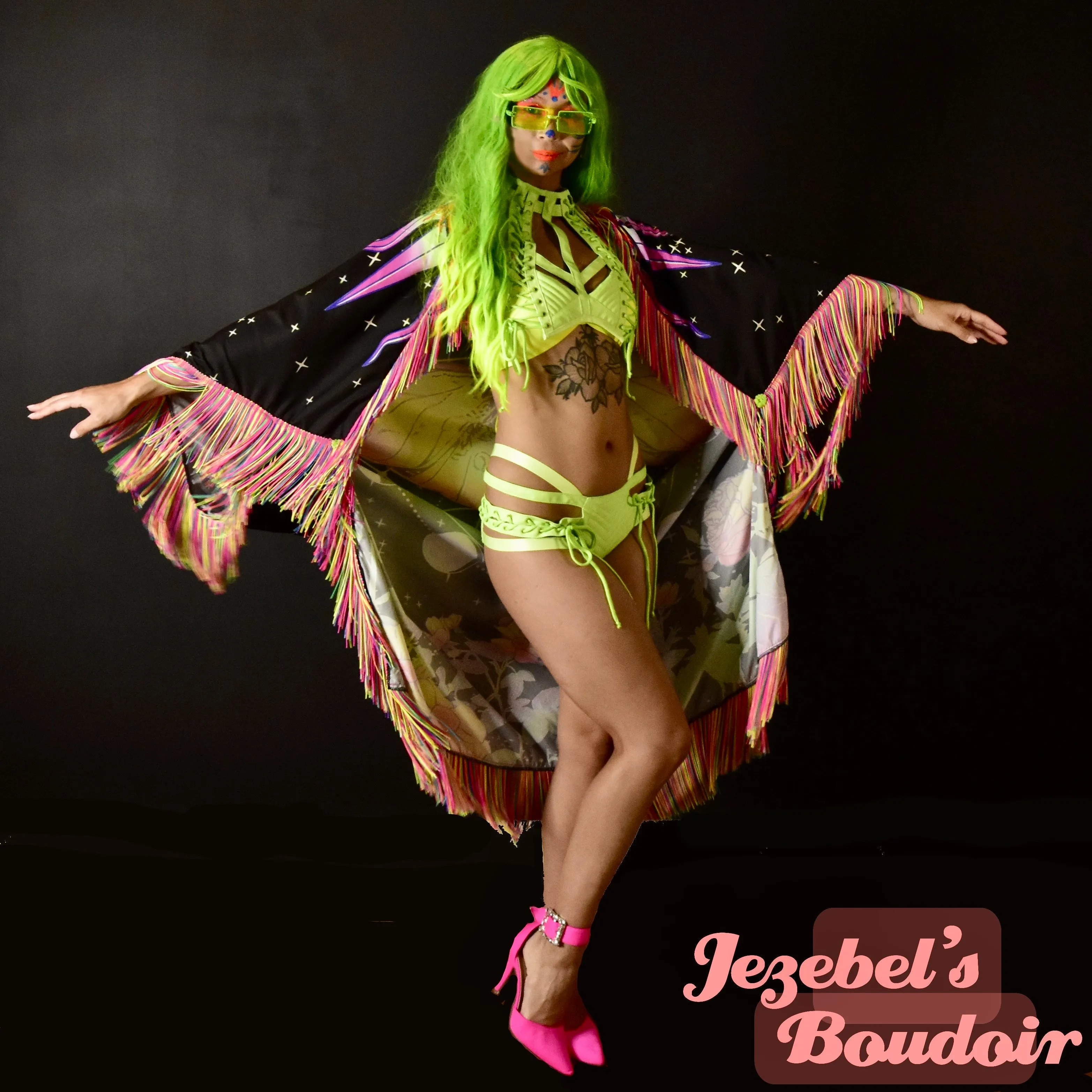 Neon Rainbow Glow Luna Moth Duster, UV Reactive Fringe Moon Phases Wrap, Butterfly Fortune Teller Oracle Robe, Flowing Mystical Empress Kimono, Priestess Dressing Gown, Rave Festival Robe Bohemian Dance Goddess Fantasy Queen Costume
