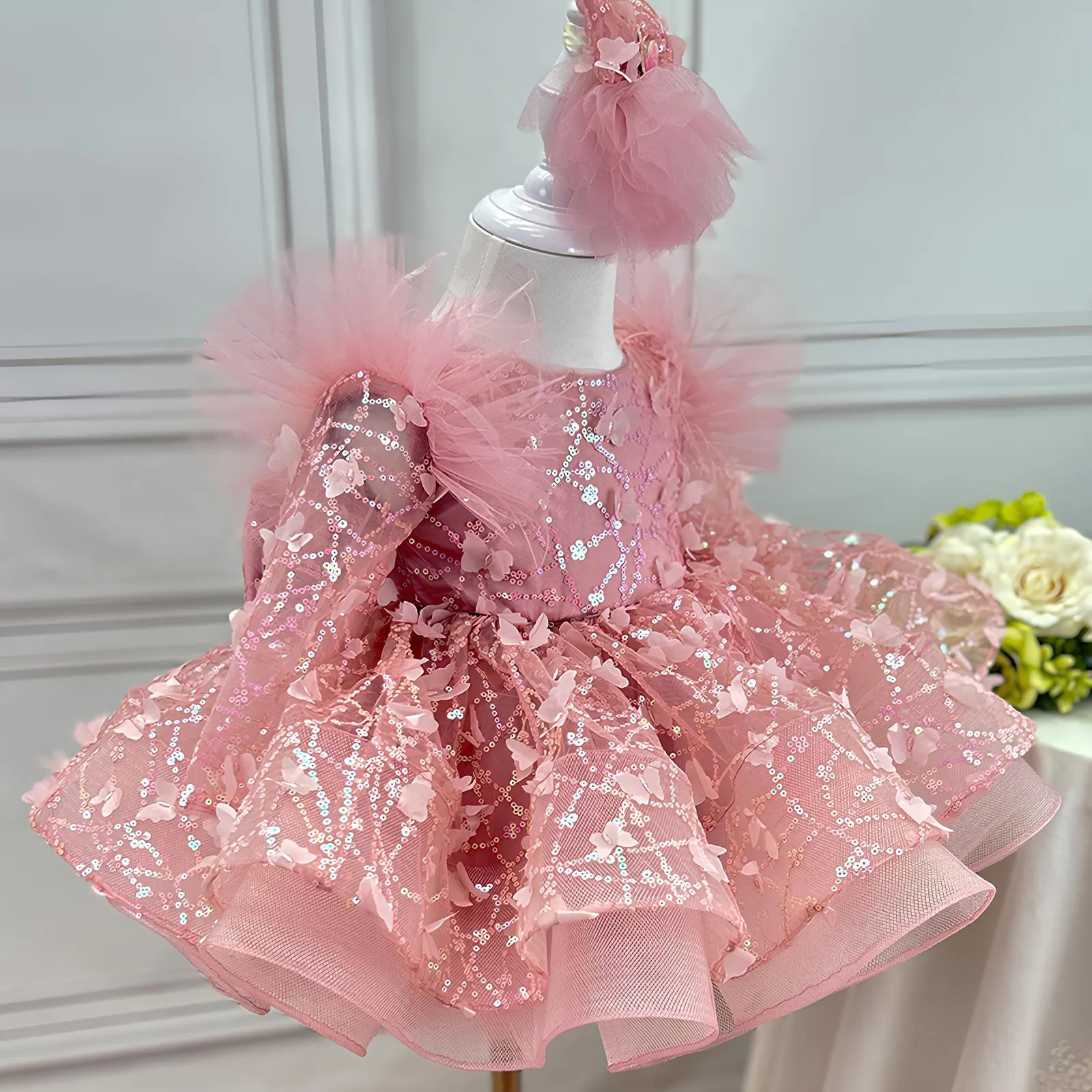 New Girl Princess Dress Long Sleeve Butterfly Glitter Christmas Banquet Elegant Evening Dress