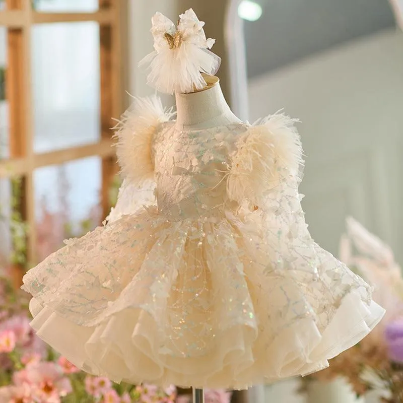 New Girl Princess Dress Long Sleeve Butterfly Glitter Christmas Banquet Elegant Evening Dress