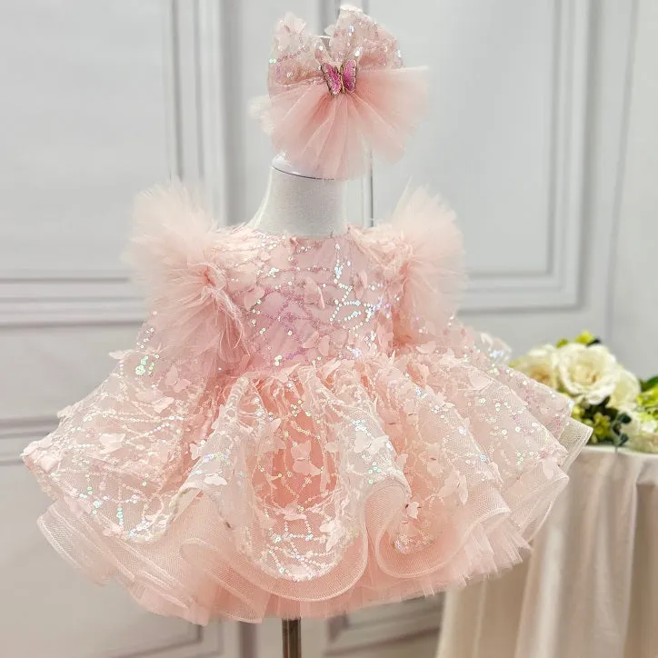 New Girl Princess Dress Long Sleeve Butterfly Glitter Christmas Banquet Elegant Evening Dress