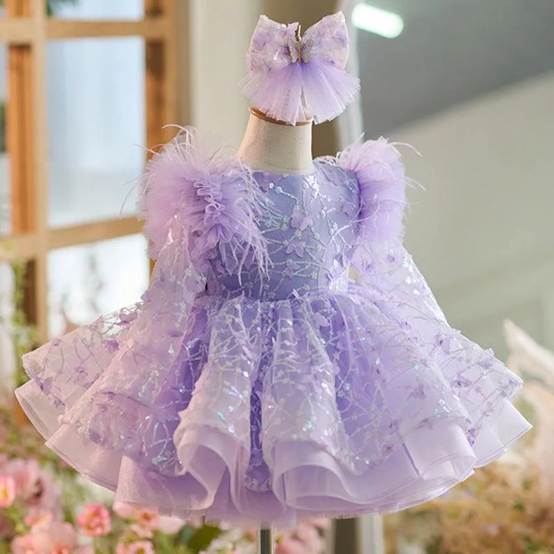 New Girl Princess Dress Long Sleeve Butterfly Glitter Christmas Banquet Elegant Evening Dress