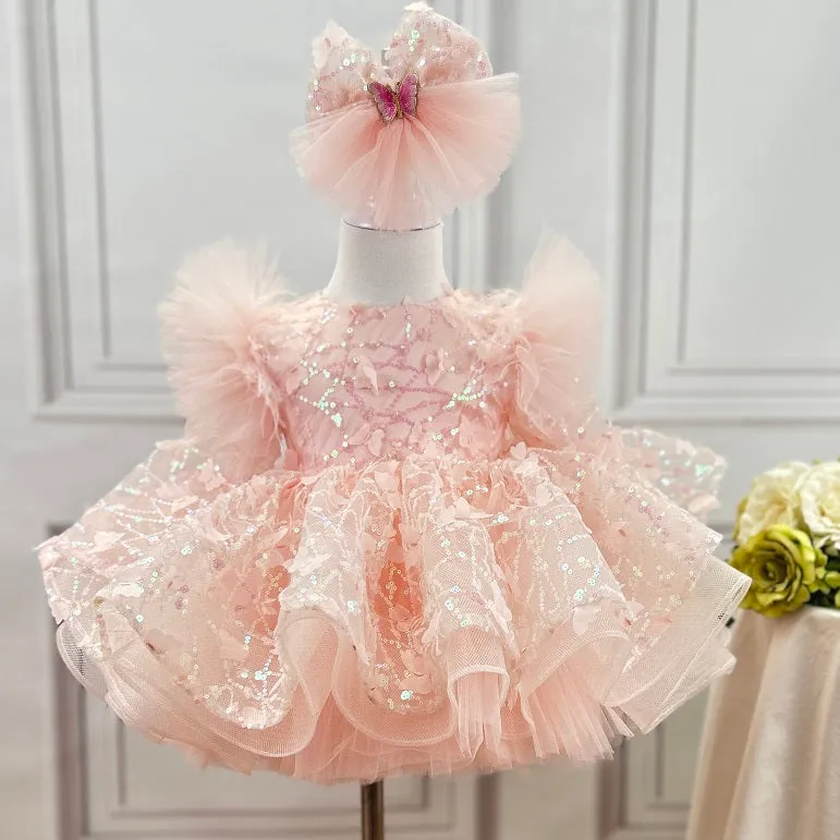 New Girl Princess Dress Long Sleeve Butterfly Glitter Christmas Banquet Elegant Evening Dress