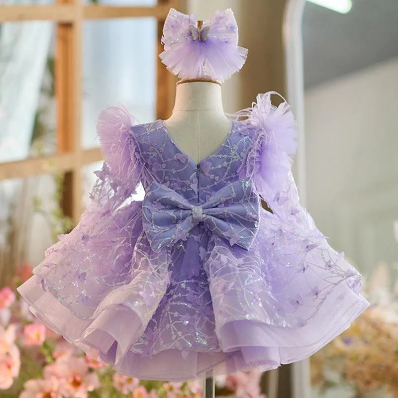 New Girl Princess Dress Long Sleeve Butterfly Glitter Christmas Banquet Elegant Evening Dress