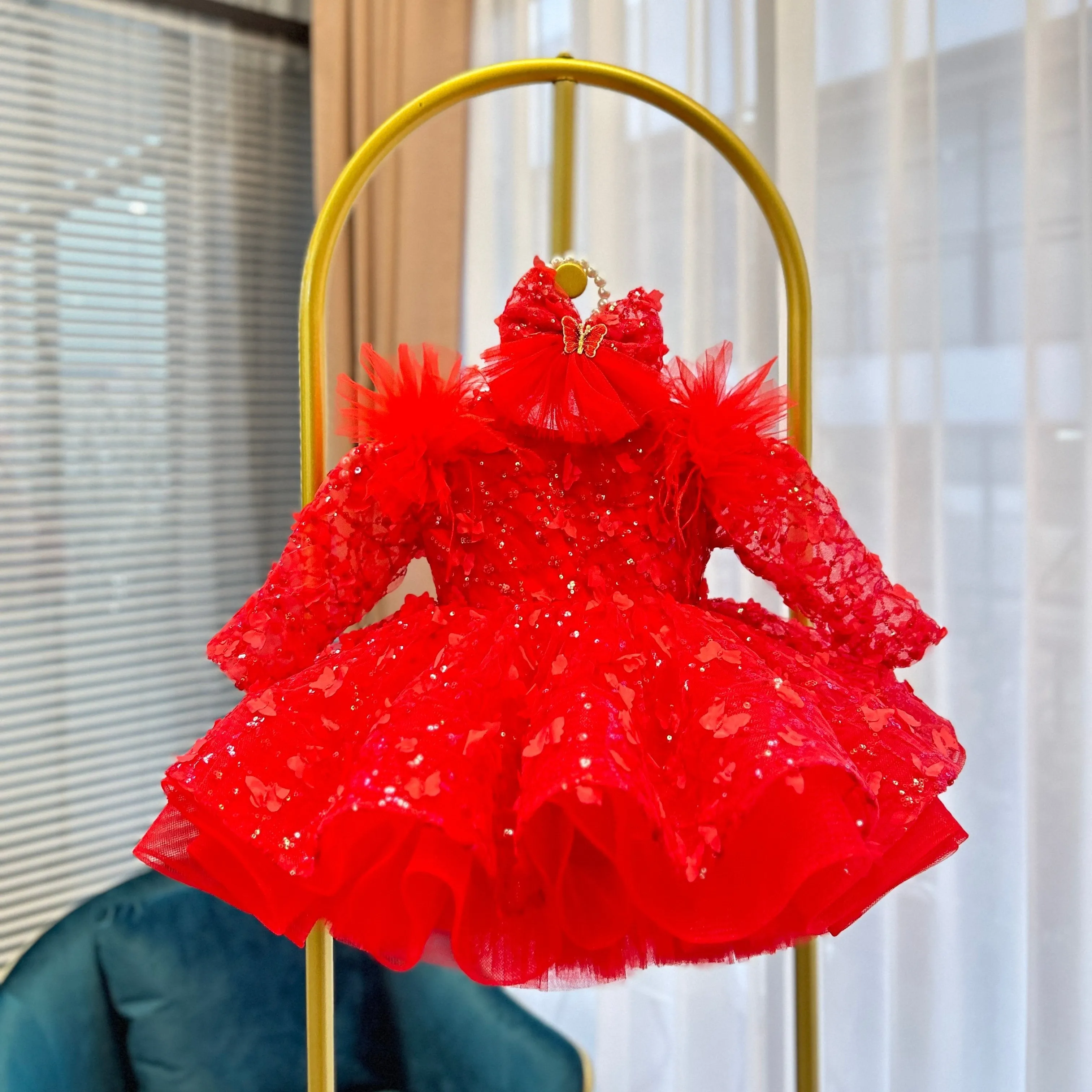 New Girl Princess Dress Long Sleeve Butterfly Glitter Christmas Banquet Elegant Evening Dress
