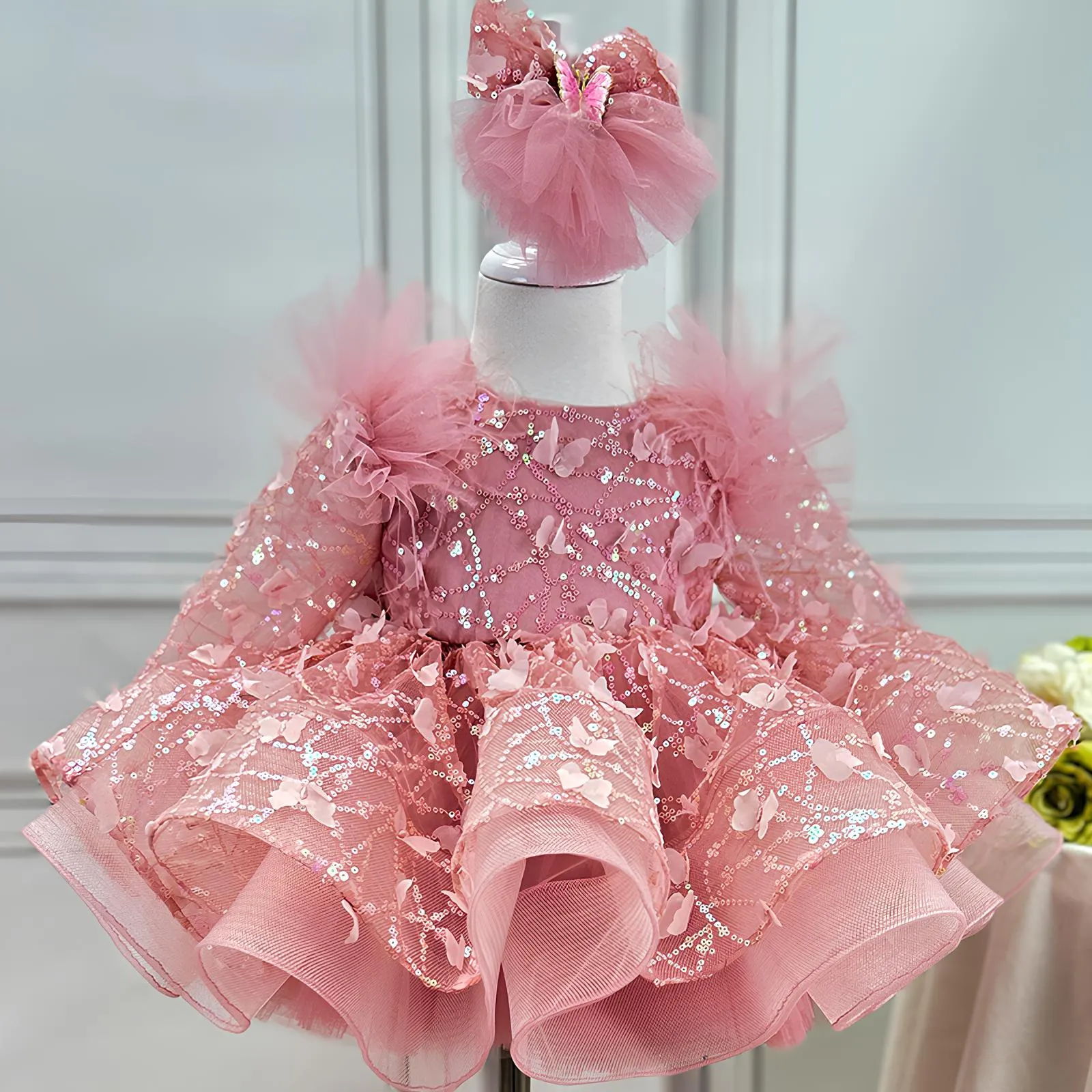 New Girl Princess Dress Long Sleeve Butterfly Glitter Christmas Banquet Elegant Evening Dress