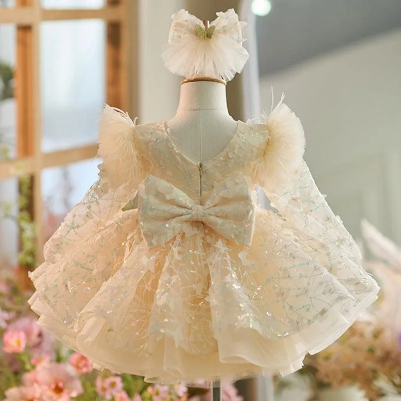 New Girl Princess Dress Long Sleeve Butterfly Glitter Christmas Banquet Elegant Evening Dress