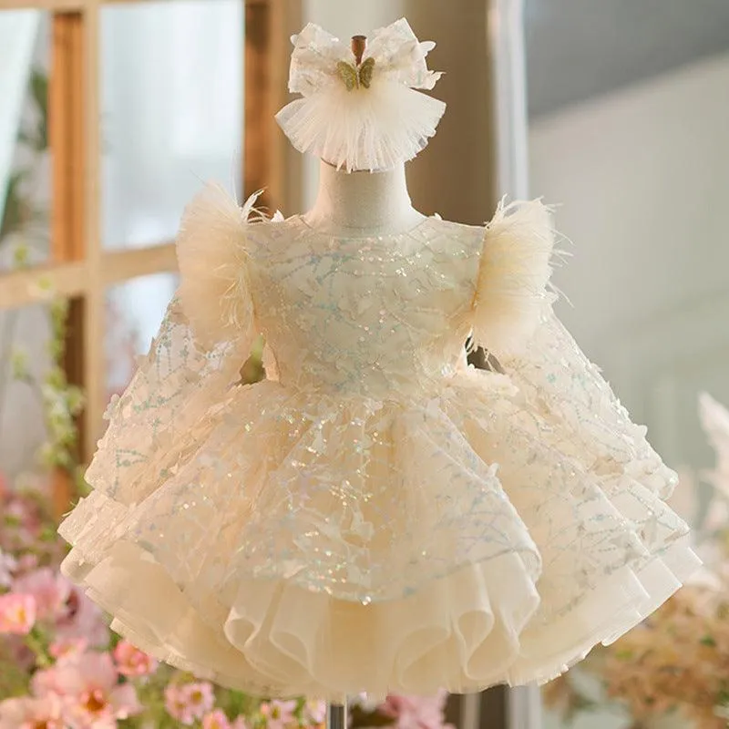 New Girl Princess Dress Long Sleeve Butterfly Glitter Christmas Banquet Elegant Evening Dress