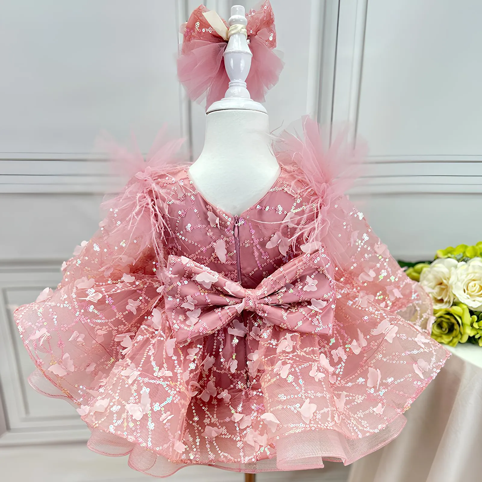 New Girl Princess Dress Long Sleeve Butterfly Glitter Christmas Banquet Elegant Evening Dress