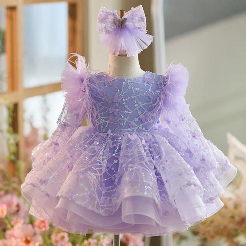 New Girl Princess Dress Long Sleeve Butterfly Glitter Christmas Banquet Elegant Evening Dress