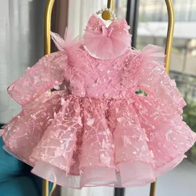 New Girl Princess Dress Long Sleeve Butterfly Glitter Christmas Banquet Elegant Evening Dress