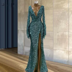 Nukty Blue Glitter Sequins Mermaid Evening Gowns Long Sleeves Sexy Deep V Neck Front Slit Party Night Vestidos De Noite Prom Gowns