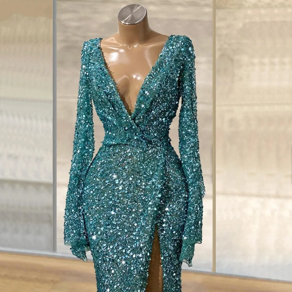 Nukty Blue Glitter Sequins Mermaid Evening Gowns Long Sleeves Sexy Deep V Neck Front Slit Party Night Vestidos De Noite Prom Gowns