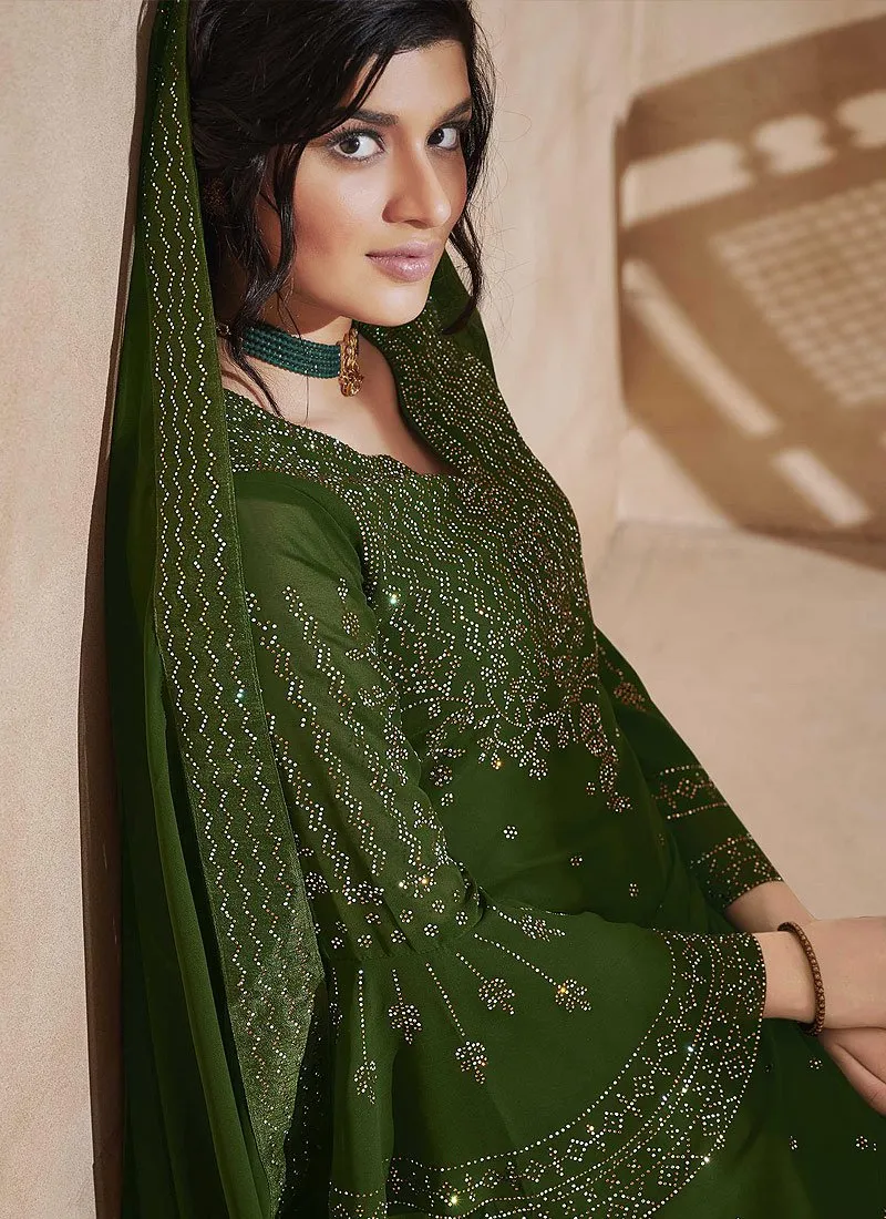 Olive Green Swarovski Embroidered Palazzo Suit