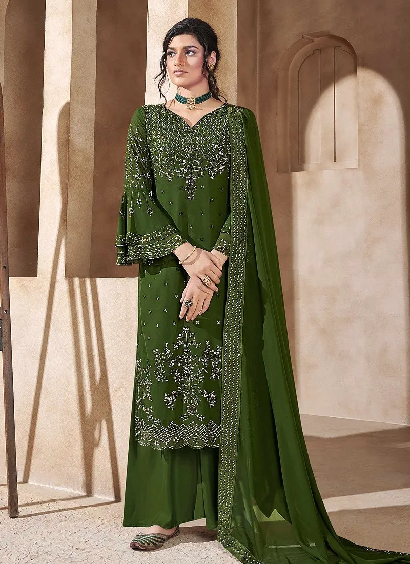 Olive Green Swarovski Embroidered Palazzo Suit
