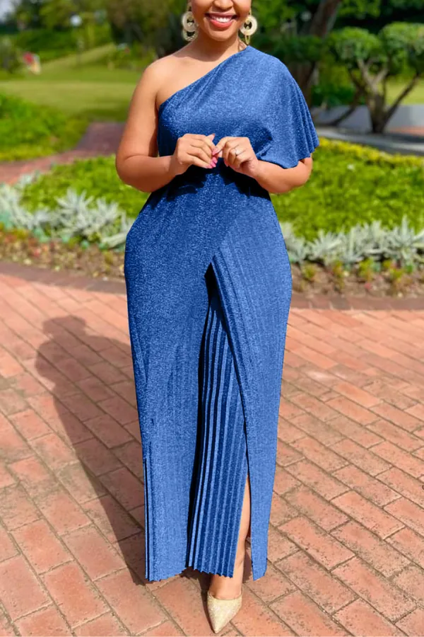 One Shoulder Glitter Pleated Jumpsuit