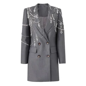Opulent Rhinestone Embellished Lapel Double Breasted Long Tailor Blazer