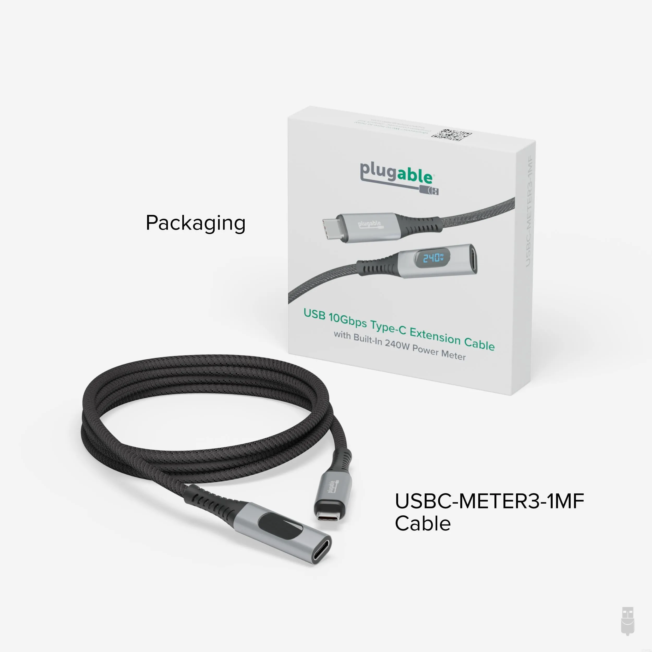 Plugable USB-C Extension Cable with Built-In Multimeter Tester, Fast Charging, 3.3 ft