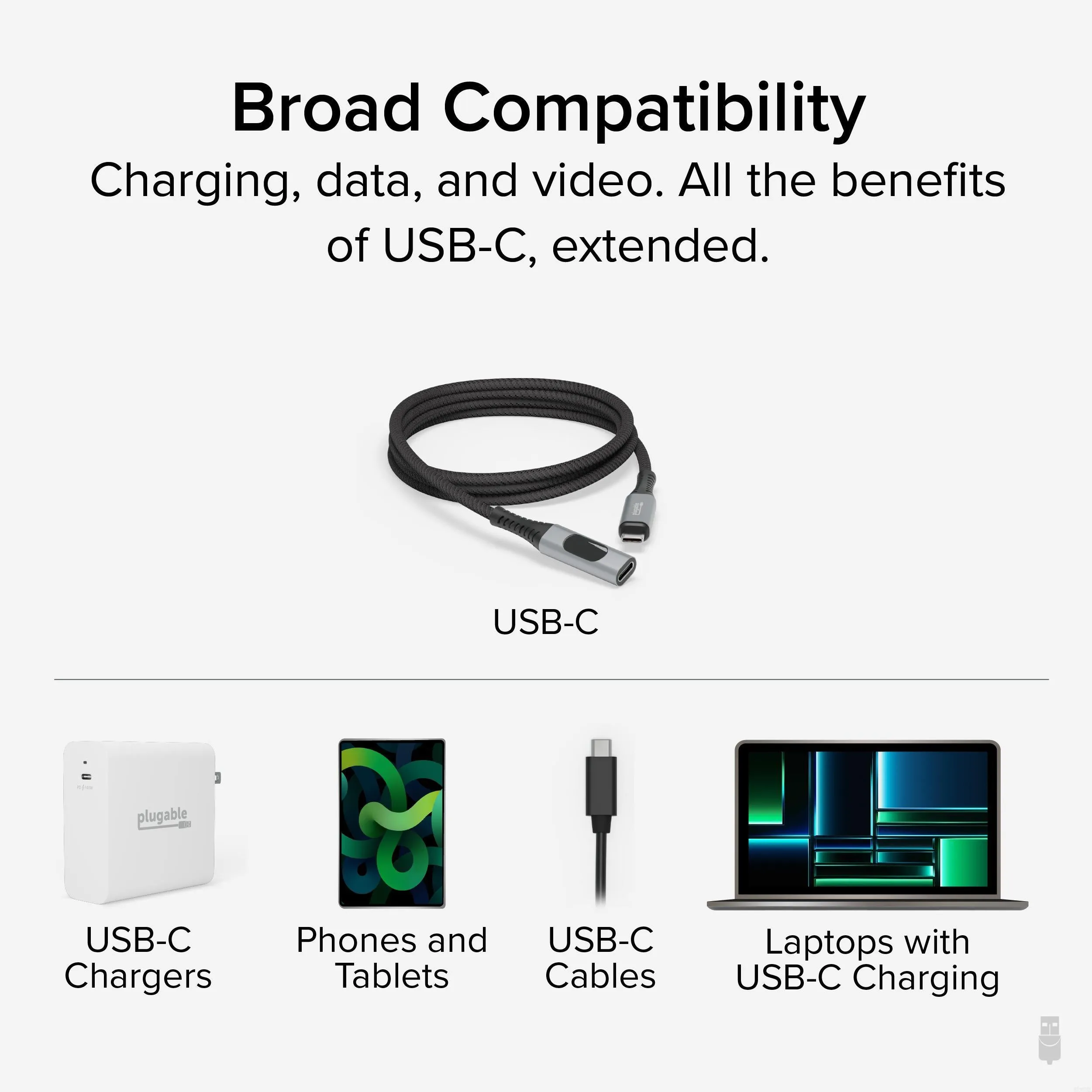 Plugable USB-C Extension Cable with Built-In Multimeter Tester, Fast Charging, 3.3 ft